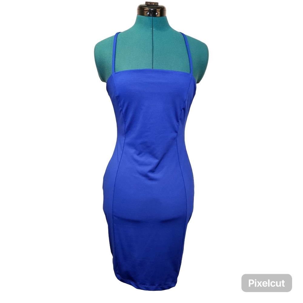 Privy royal blue jersey lined backless midi dress in size S US